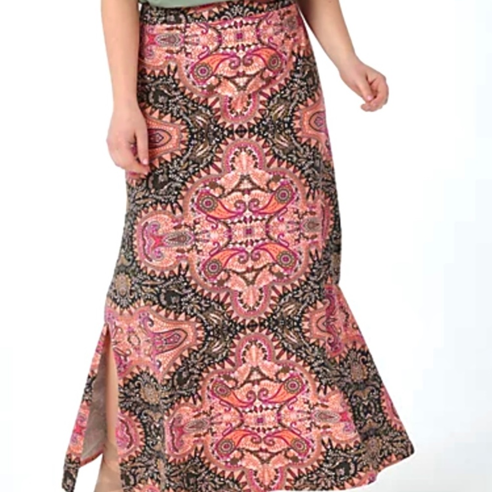New Women’s Maxi Skirt Boho Print Pull On Stretch Kim Gravel Brown Orange XXS